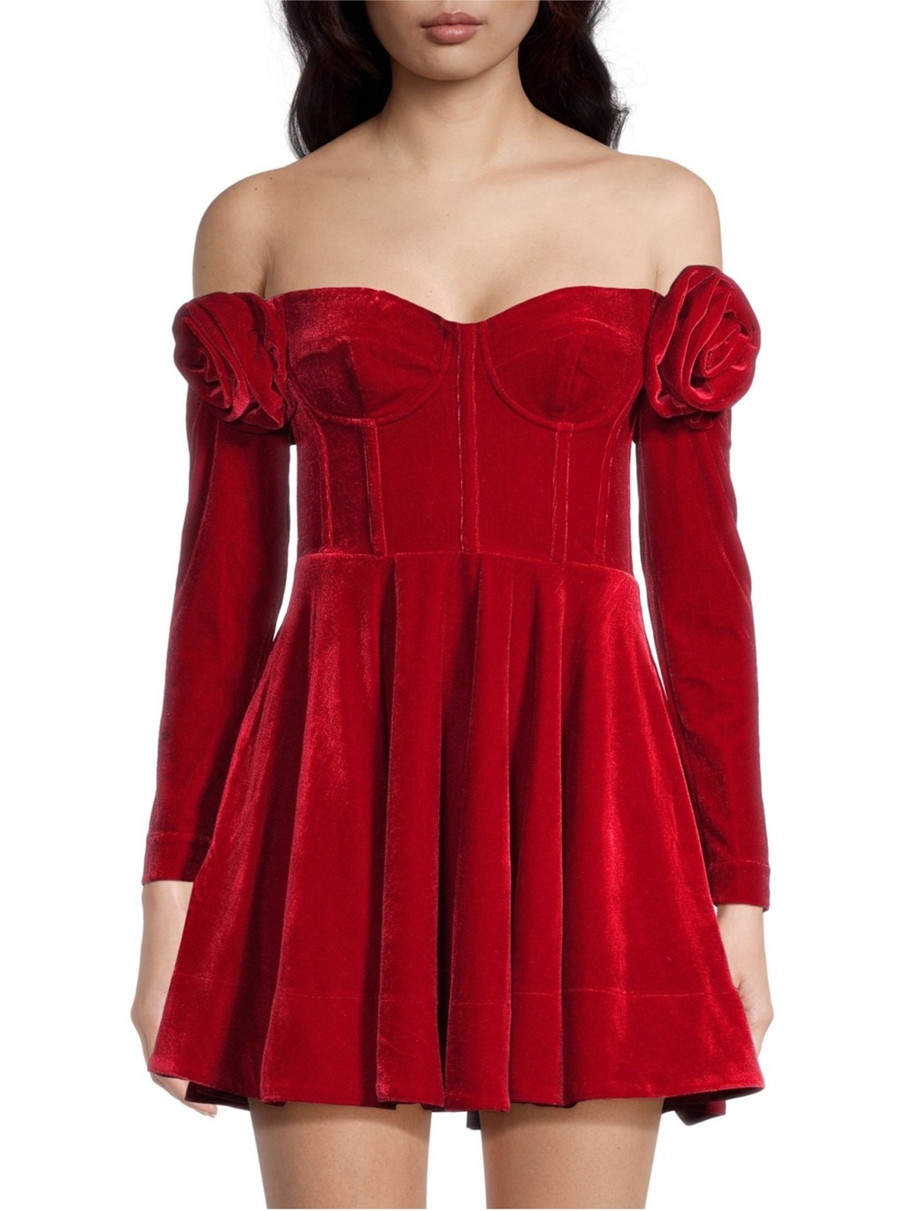Bardot Red Velvet Off-Shoulder Long Sleeve Mini Dress